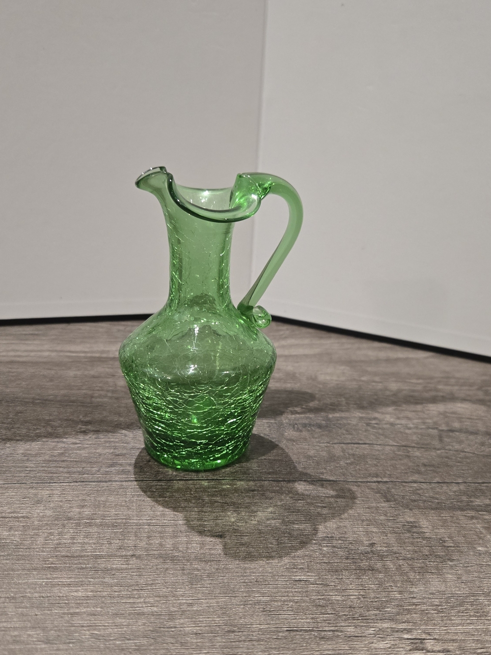 Vintage Green Cracked Italian Glass Small Cruet / Bud Vase / Pitcher 4 3/4"